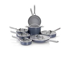 Ninja NeverStick Ceramic Pro 14-Piece Cookware Set, Non-Stick Pots & Pans Set with Glass Lids, Ceramic Coated, Stainless Steel, Stove to Oven Safe, All Stovetops & Induction Compatible, Blue CW39014MM