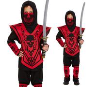 HENBRANDT Children's Deluxe Ninja Warrior Costume - Red Black Skull Design Halloween Fancy Dress Outfit Medium 7-9 Years Complete Set with Accessories