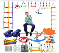 Ninja Warrior Obstacle Course for Kids, 2 x 52ft Slackline with Rotating Swing, Climbing Ladder, Gymnastic Rings, Training Equipment Set for Backyard (2x52ft)