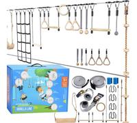 Ninja Warrior Obstacle Course for Kids - 2 x 60 ft, 880 lbs Capacity, 13 Weatherproof Obstacles, Bottom Line, Traverse Rings, Monkey Net - Easy Setup on Trees or Posts for Outdoor Fun