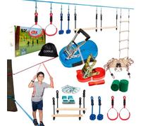 Ninja Warrior Obstacle Course for Kids 2X50FT 2 in1 Double Line and Slackline Training Accessories Balance Arm Trainer Monkey Bars Gym Rings Ladder
