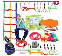 Ninja Warrior Obstacle Course for Kids Outside-Ninja Slackline 52ft with 11 Durable Obstacles-Climbing Net,Wheel, Warrior Gymnastics & Monkey Bars,Slack Lines for Backyard for Kids.