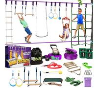 Ninja Warrior Obstacle Course for Kids Workout Equipment, 2 x 55ft Slacklines with 10 Weatherproof & Durable Obstacles - Cargo Net, Rope Ladder & More - Ninja Course for Kids Outside