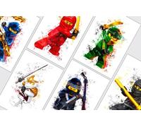 Ninjago splash effect wall prints, set of 6 unframed A4 ninjago wall art prints, Ninjago prints for kids room