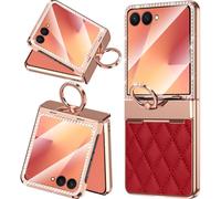 NINKI Finger Holder for Samsung Galaxy Z Flip 7 Leather Case with Hinge Protector, Luxury Sparkly Rhinestones Diamonds for Galaxy Flip 7 Cover with Ring Loop for Samsung Z Flip 7 Phone Case Women Red