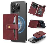 NINKI Mag-Safe Magnetic Wallet for iPhone 17/16/15/14/13/12 Series,4 Card Holder Stand Leather Minimalist Slim Magnet Pounch Phone Case for Google Pixel 10/9/8/7/Pixelsnap Wallet, Red