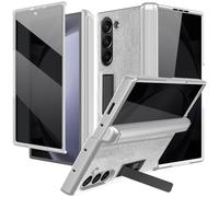 NINKI Stand Case for Samsung Galaxy Z Fold 7 with Privacy Screen Protector and Hinge Cover, Matte PU Leather Protective Stand Phone Cover for Samsung Galaxy Z Fold7 Case 5G - Silver
