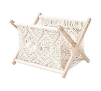 NINMORTH Foldable Hand Woven Magazine Rack, White Cotton Rope and Wood Book Holder for Bedroom, Boho Newspaper Organizer
