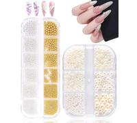 Ninnyi 2 Boxes Nail Art Charms, Half Round Pearls Beads Gold Silver White Jewels and Gems for DIY Crafting Nails Art Decorations