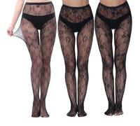 Ninnyi 3PCS Patterned Tights for Women Uk, Black Lace Fishnet Stockings, Fashion Floral Pattern Pantyhose