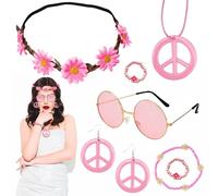 Ninnyi 7 Pcs 60s 70s Accessories for Women, Hippy Accessories with Flower Headbands Glasses Necklace Bracelet Earrings Ring for Fancy Dress