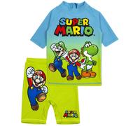 Super Mario Swimsuit for Boys | Blue Green Two Piece Top & Shorts Bathing Suit | Kids Gamer UV50+ Sun Safe Swimming Costume 3-4 Years