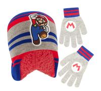 Nintendo Boys Winter Hat And Kids Gloves Set Super Mario Beanie For Ages 4-7 GRAY/BLUE with Fleece