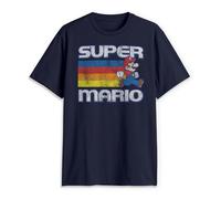 Nintendo Men's Super Mario Running Retro Stripe T Shirt, Navy Blue, L UK