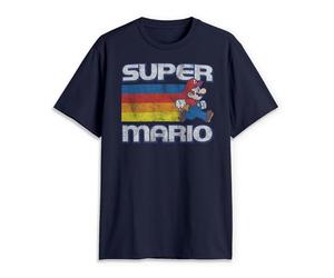 Nintendo Men's Super Mario Running Retro Stripe T-Shirt, Navy Blue, XXL