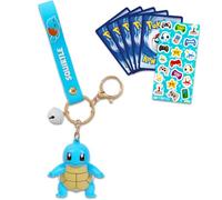 Nintendo Squirtle Keychain Bundle ~ Deluxe Silicone 3D Character Figure Pokemon Keyring with Strap, Charm, and Bell Plus Pokemon Cards, More | Pokemon Squirtle Key Ring for Backpack, Squirtle