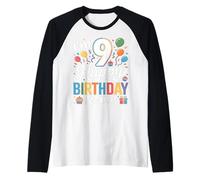 Ninth 9th Birthday Party Balloons Nine 9 Year Old Boys Girls Raglan Baseball Tee