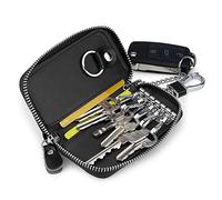 NINVVS 1 piece of cowhide leather car key case, cowhide keychain for men and women, large-capacity zipper wallet with hook, classic style zipper key bag, can hold bank cards, door cards, keys (black)