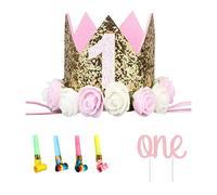 NINVVS 1-year-old Children's Birthday Hat with 1 Piece of Cake Topper and 4 Pieces of Party Blowers, Children's Princess Crown Tiara Headdress with Flowers, for Birthday Parties, Photography.