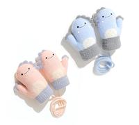 NINVVS 2 pairs of baby warm mittens, winter woven gloves, cute dinosaur gloves, hanging neck gloves, suitable for infants and young children aged 1-3 (blue, pink)