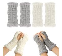 NINVVS 2 pairs of ladies fingerless gloves, winter warm sleeves, plush arm warmer sleeves, short knitted gloves, winter sports gloves, warm, soft and thick, suitable for winter (white, gray)