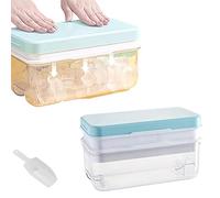 Ninyoon 1 Second Release Ice Cube Tray with Lid and Bin, 2 Tier ice molds Make 64 Ice Cubes Big Capacity Bin for Freezer Including Ice Scoop (Blue)