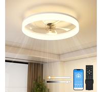 NIORSUN 50CM LED Ceiling Light with Fan and Remote & APP Control, Flush Mount Ceiling Fan, Stepless 6 Speeds,Quiet Dimmable Ceiling Light for Living Room（White）
