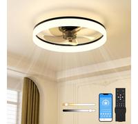 NIORSUN 60CM LED Ceiling Fan with Lights and Remote, Dimmable Low Profile Ceiling Fans, Flush Mount Ceiling Fan, Stepless Color Temperature Change and 6 Speeds（Black）