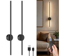 NIORSUN 84CM Battery Operated Wall Lights, Black Rechargeable Wall Lights Indoor with Remote, 3 Color Temperature Dimmable Wireless Lights, Detachable Wall Sconces for Living Room Bedroom Hallway