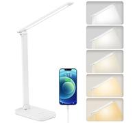 Nioslier LED Desk Lamp, Bedside Reading Lamp, 5 Colour Modes & 15%~100% Brightness Stepless Dimmable Auto Timer Table Lamp, Eye Caring Study Lamp with USB Charging for Desk, Office, Bedroom(White)