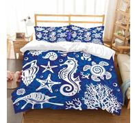 NIOYNJIS Bedding King Bedding Set - Down Duvet Cover, Soft Brush Microfiber Cover Set with 2 Pillowcases,Set of decorative Shells Seahorse Turtles Sea stars and Corals,200x228 cm