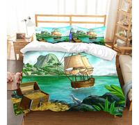 NIOYNJIS Bedding King Bedding Set - Down Duvet Cover, Soft Brush Microfiber Cover Set with 2 Pillowcases,Pirate, exotic seaside with treasure chest full of gold Old ship Tropic Nature W,200x228 cm