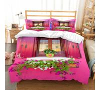 NIOYNJIS Bedding King Bedding Set - Down Duvet Cover, Soft Brush Microfiber Cover Set with 2 Pillowcases,Pink Dreams Romantic atmosphere Lovers Wooden Windows Hearts Flowers Bougainvill,200x228 cm