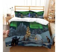 NIOYNJIS Bedding King Bedding Set - Down Duvet Cover, Soft Brush Microfiber Cover Set with 2 Pillowcases,Penguins under the northern lights on a frozen lake in a snowy Christmas mountai,200x228 cm