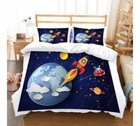 NIOYNJIS Bedding King Bedding Set - Down Duvet Cover, Soft Brush Microfiber Cover Set with 2 Pillowcases,Space, rocket on planetary system with Earth stars UFO Saturn Sun Galaxy Boys Pr,200x228 cm
