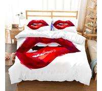 NIOYNJIS Bedding King Bedding Set - Down Duvet Cover, Soft Brush Microfiber Cover Set with 2 Pillowcases,Themed Sexy Red and White Fiance Gifts for Him Woman Red Lips French Kiss Tempta,200x228 cm