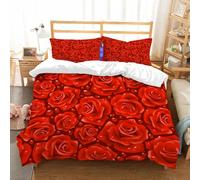 NIOYNJIS Bedding King Bedding Set - Down Duvet Cover, Soft Brush Microfiber Cover Set with 2 Pillowcases,Rose, Living Red Roses Rain Water Drops Graphic Dewy ows Inspired Romantic Patte,200x228 cm