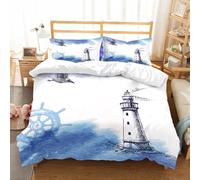 NIOYNJIS Bedding King Bedding Set - Down Duvet Cover, Soft Brush Microfiber Cover Set with 2 Pillowcases,seascape lighthouse on the horizon with a gull. vector illustration,200x228 cm