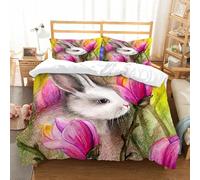 NIOYNJIS Bedding King Bedding Set - Down Duvet Cover, Soft Brush Microfiber Cover Set with 2 Pillowcases,Rabbit in flowers. Watercolor hand drawn illustration. Rabbits background Spring,200x228 cm