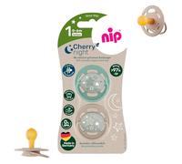 NIP Cherry Round Dummy Night 0-6 Months, Luminous Dummy, from Birth 0+ Months, Nursing Friendly and Sustainable, Glows in the Dark, Pack of 2, Unisex Babies