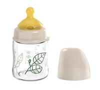 nip Wide Mouth Baby Bottle with Valve for Optimal Air Flow and Two Natural Rubber Teats Breastfeeding Friendly Baby Bottle Made of Shatterproof Glass Size S 120 ml Brown