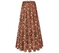 NiPaMi Women's Chiffon White Flowy Maxi Skirts Boho Fall Elastic Waisted Pleated A Line Long Skirt for Women 2025, Brown Flowers-69, M