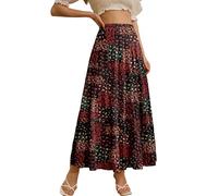 NiPaMi Women's Chiffon White Flowy Maxi Skirts Boho Summer Elastic Waisted Pleated A Line Long Skirt for Women 2026, Splice Red Black Floral-35, L