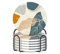 Nipichsha Coasters for Drinks, Set of 6 Cute Absorbent Ceramic Drink Coasters for Cup with Holder and Cork Base, Kitchen Home Decor Housewarming Gift, Round 4 in, Abstract Boho Leaf