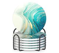 Nipichsha Coasters for Drinks, Set of 6 Cute Absorbent Ceramic Drink Coasters for Cup with Holder and Cork Base, Kitchen Home Decor Housewarming Gift, Round 4 in, Gold Teal Ocean