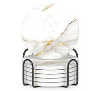 Nipichsha Coasters for Drinks, Set of 6 Cute Absorbent Ceramic Drink Coasters for Cup with Holder and Cork Base, Kitchen Home Decor Housewarming Gift, Round 4 in, Gold White