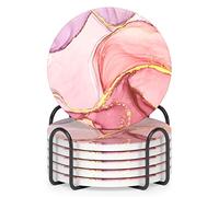 Nipichsha Coasters for Drinks, Set of 6 Cute Absorbent Ceramic Drink Coasters for Cup with Holder and Cork Base, Kitchen Home Decor Housewarming Gift, Round 4 in, Pink