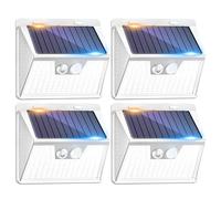 nipify Solar Lights Outdoor Motion Sensor, 4 Pack 140LED 3 Modes IP65 Waterproof Durable Solar Powered Wall Lights for Outside Garden Fence Yard Garage, White Frame