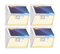 nipify Solar Lights Outdoor Motion Sensor, 4 Pack 140LED 3 Modes Warm White Solar Powered Wall Lights for Outside Garden Fence Yard Garage, White Frame