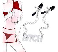 Nipple Clamps Letter Chain Metal Chest Nipple Clips Non Piercing Breast Chain Labia Clit Clip Slave Bondage Torture Restraints Couple Sex Pleasure Body Jewelry Erotic BDSM Sex Toy (Bitch)